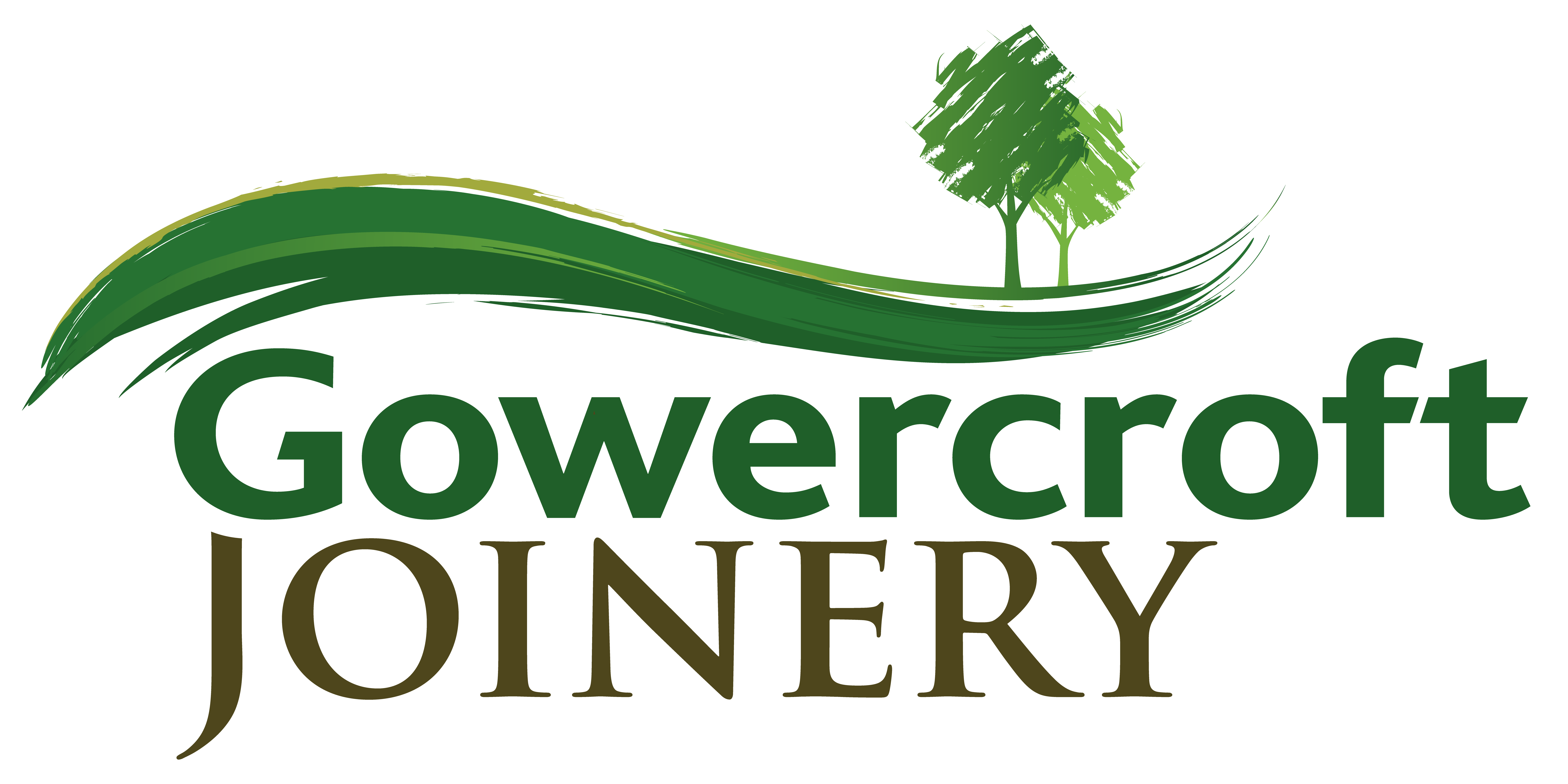 Gowercroft Joinery logo featuring a stylised green tree and sweeping green wave above the company name, with 'Gowercroft' in bold green text and 'Joinery' in smaller, elegant brown text below.